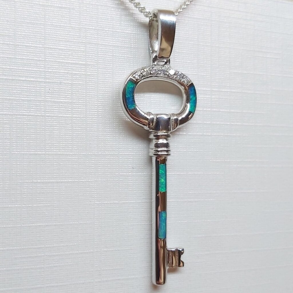 Sterling Silver Inlay Opal Key Pendant