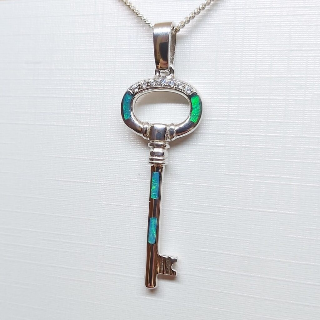 Sterling Silver Inlay Opal Key Pendant