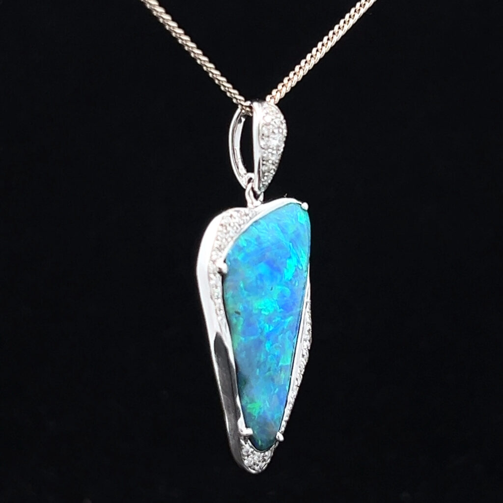 18K White Gold Solid Boulder Opal & Diamond Pendant 5752