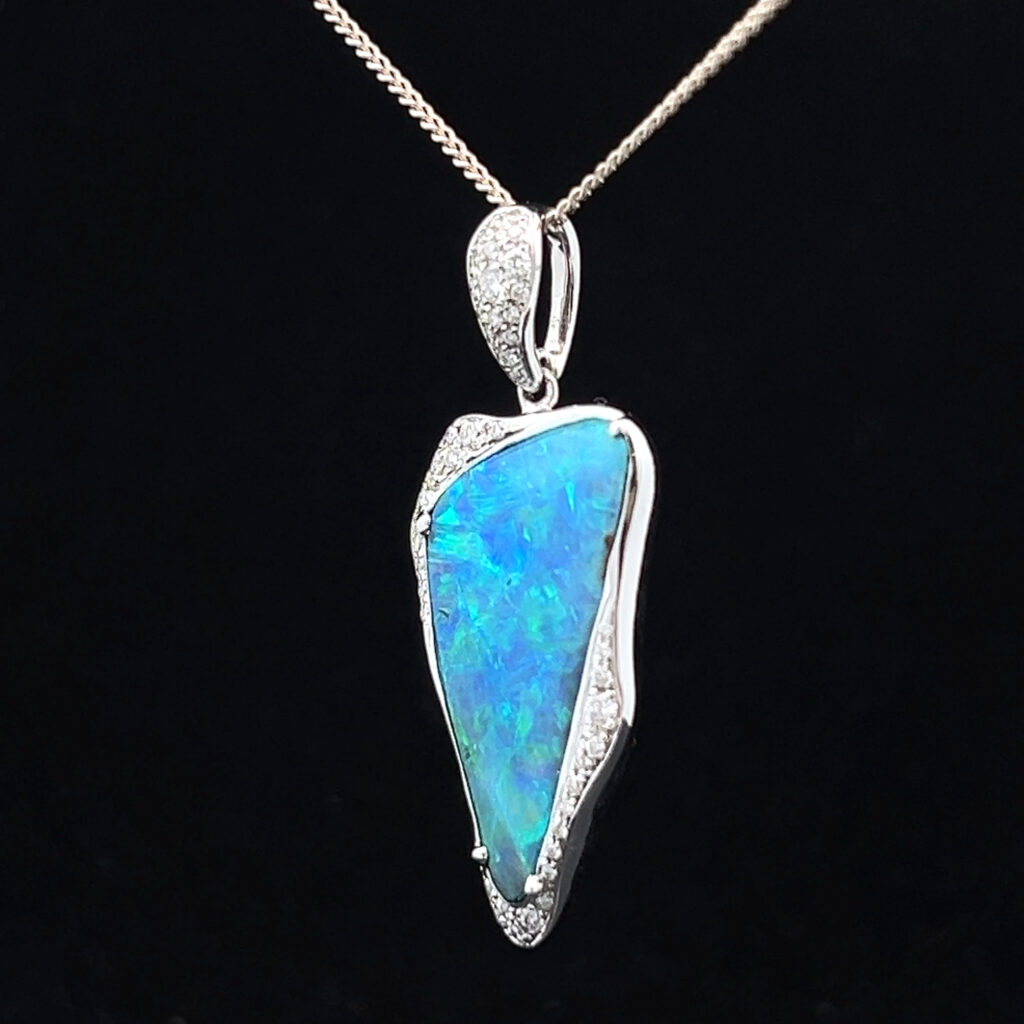 18K White Gold Solid Boulder Opal & Diamond Pendant 5752