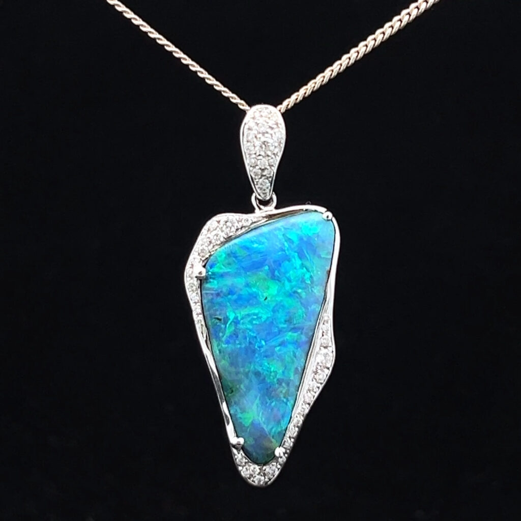 18K White Gold Solid Boulder Opal & Diamond Pendant 5752