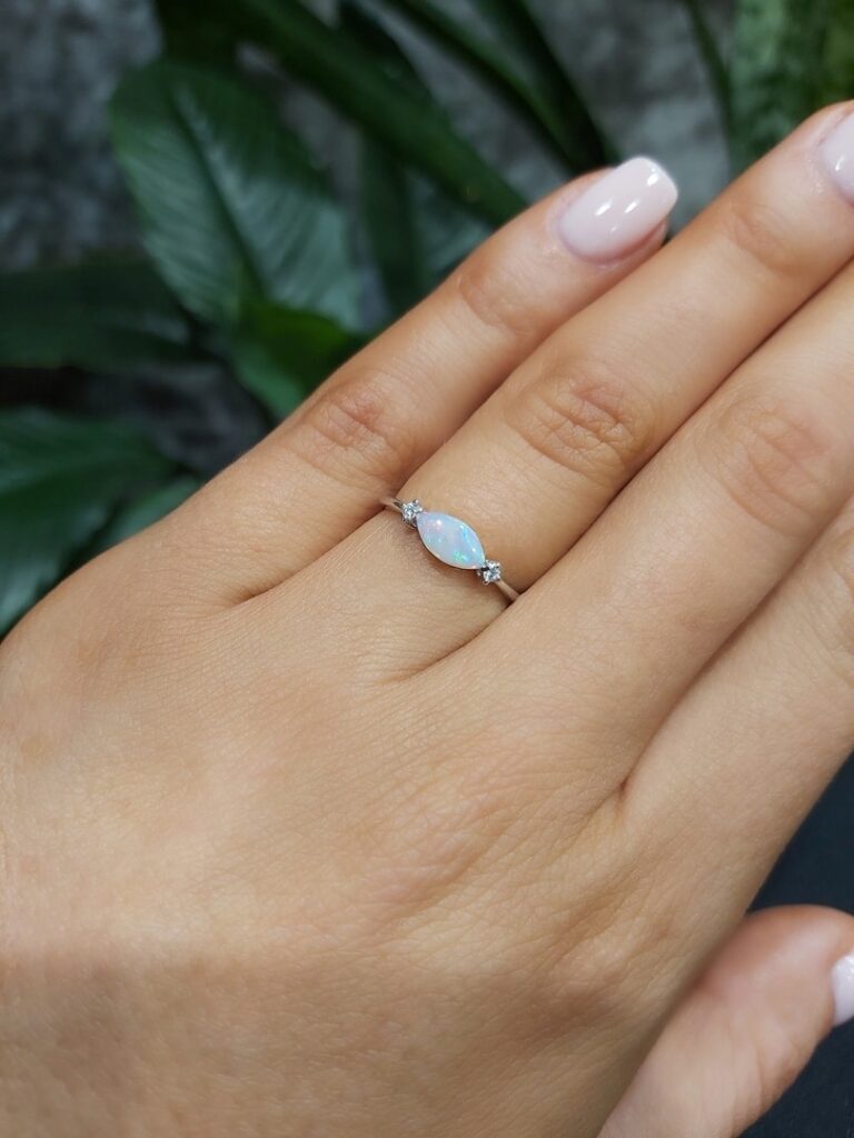 Solid Opal Ring Set In 9k White Gold