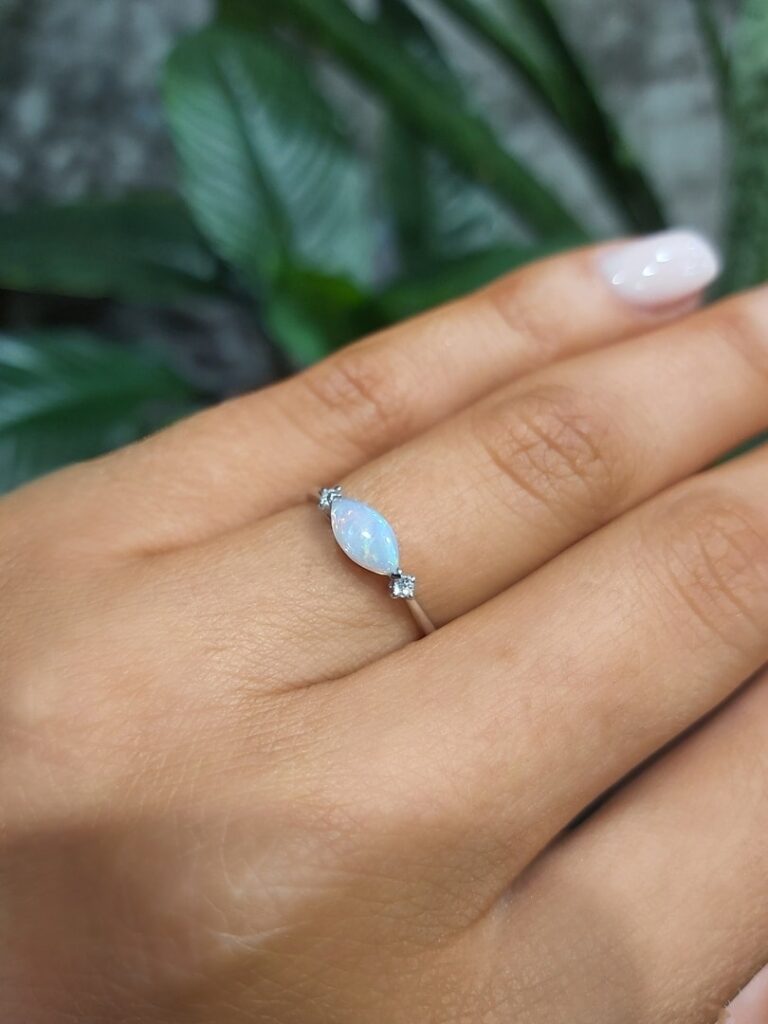 Solid Opal Ring Set In 9k White Gold
