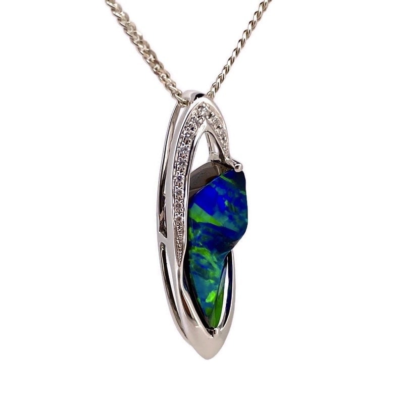 18k White Gold Solid Boulder Opal And Diamond Pendant