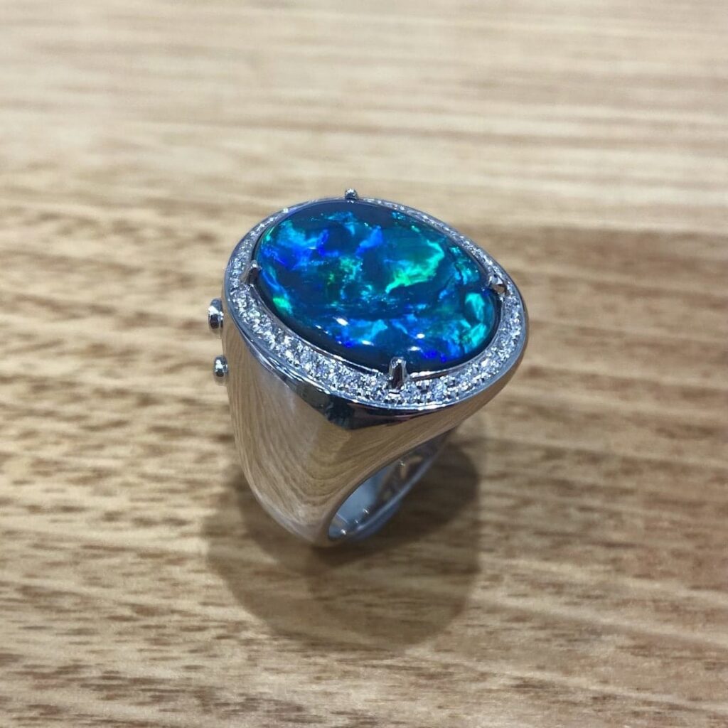 Lightning Ridge Solid Black Opal & Diamond Ring Set In 18k Gold