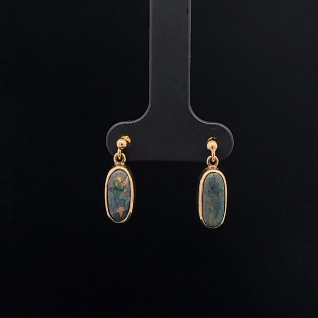 Gold Solid Black Opal Earrings 7856