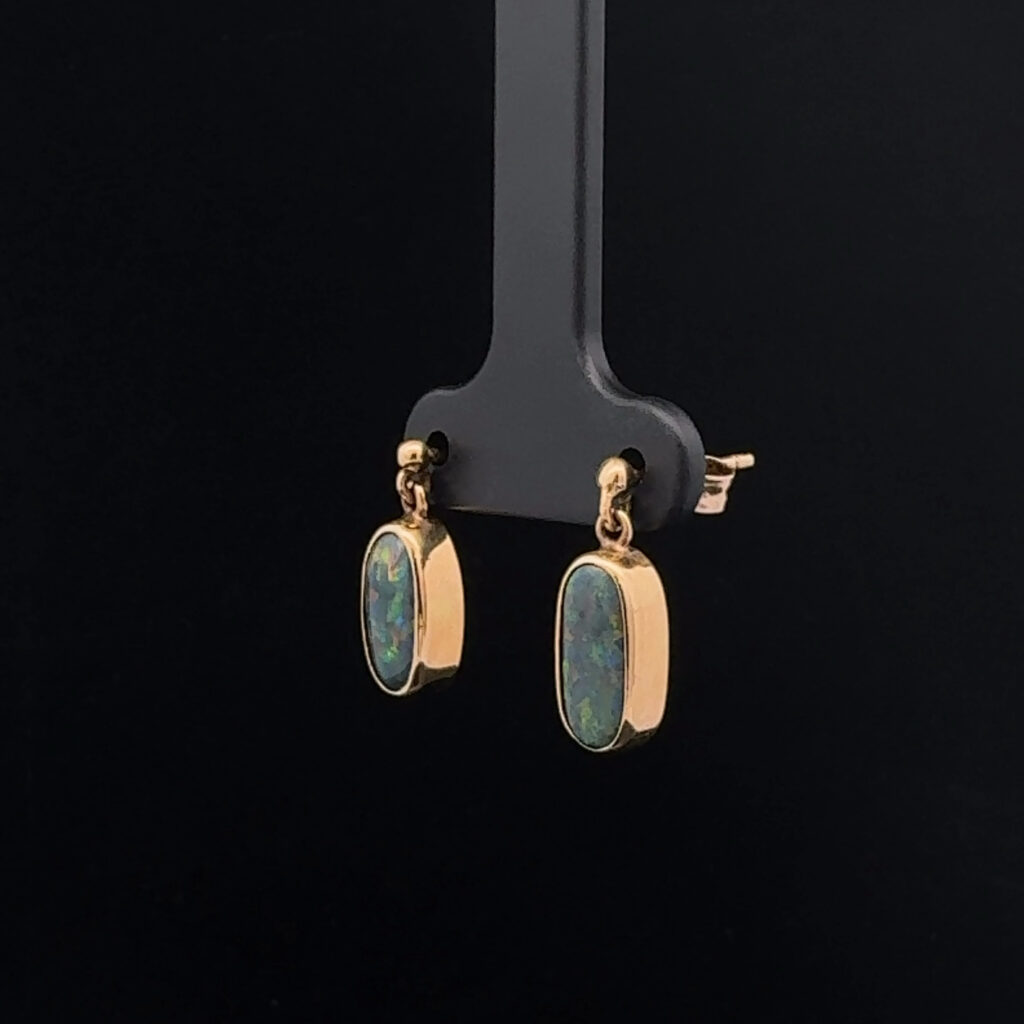 Gold Solid Black Opal Earrings 7856