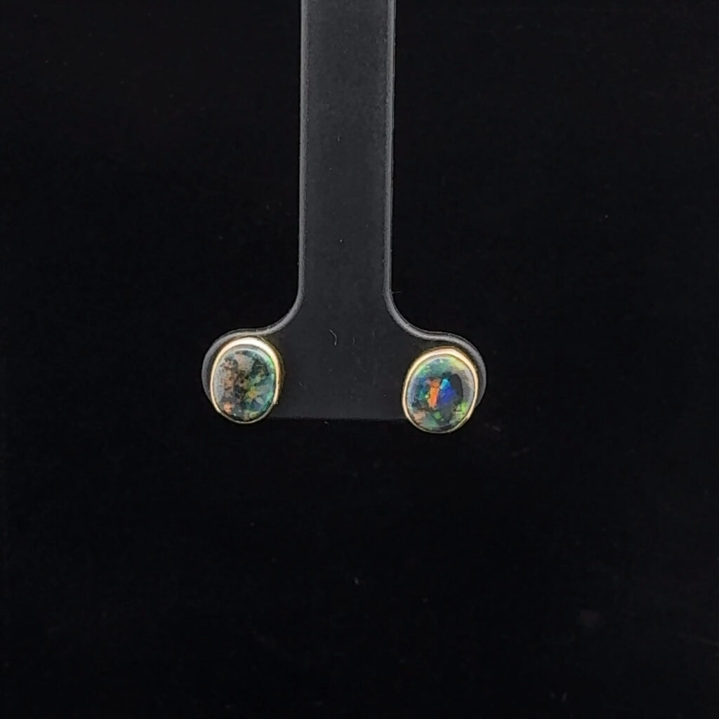 18K Yellow Gold Solid Black Opal Earrings 7857