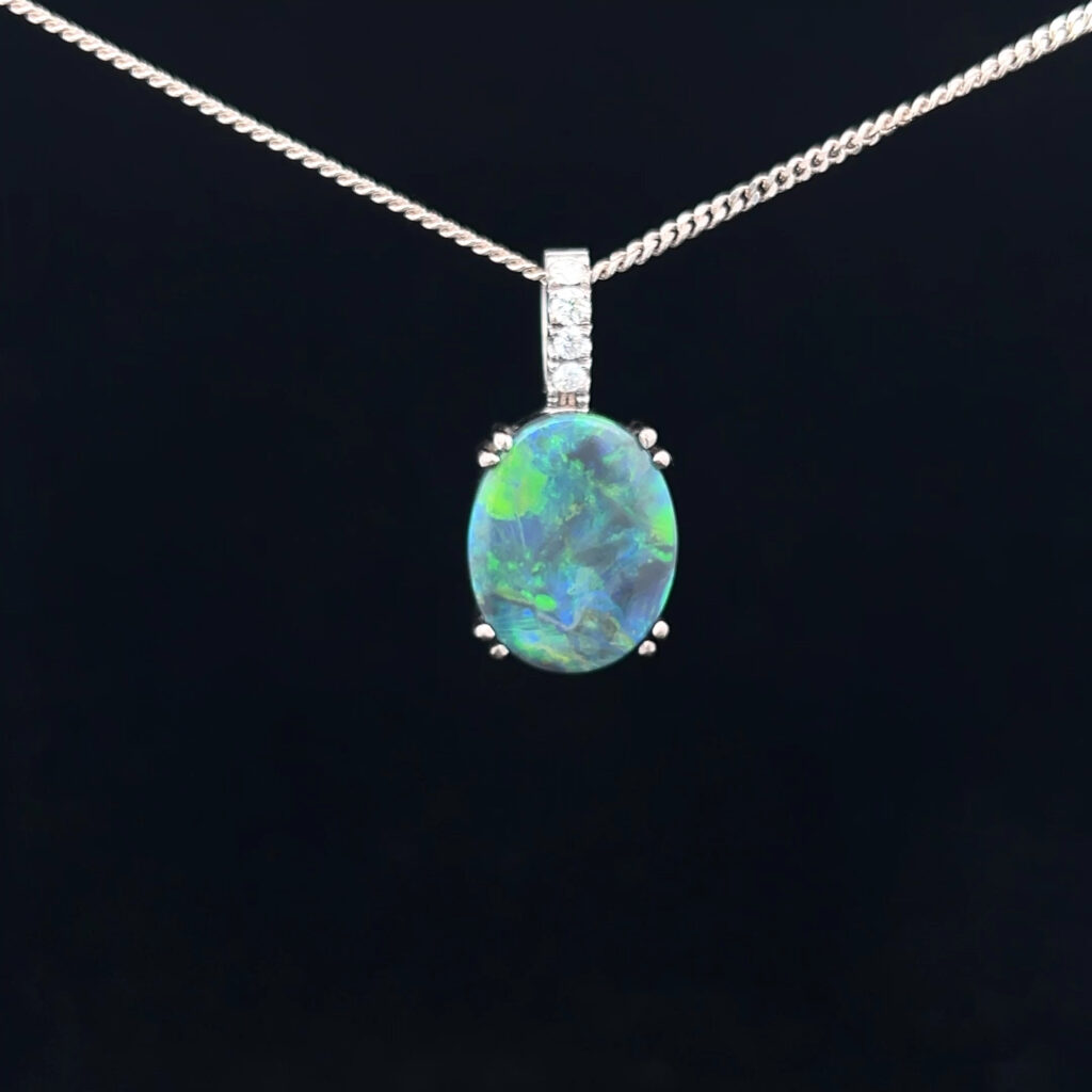 18K White Gold Solid Black Opal & Diamond Pendant 15525