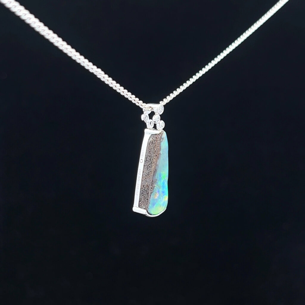 18K White Gold Solid Boulder Opal & Floating Diamond Pendant 21174