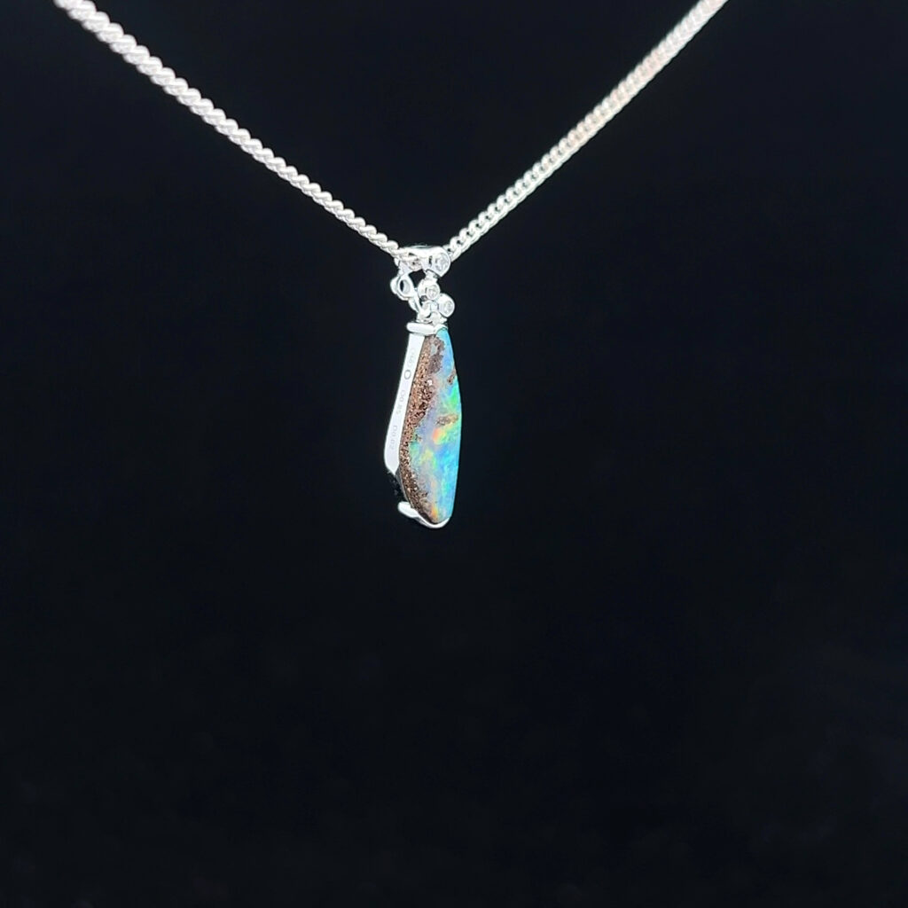 18K White Gold Solid Boulder Opal & Floating Diamond Pendant 21180