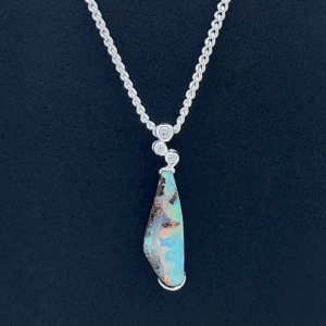 18K White Gold Solid Boulder Opal & Floating Diamond Pendant