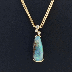 18K Yellow Gold Solid Boulder Opal & Floating Diamond Pendant
