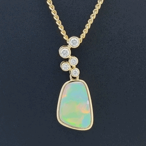 18K Yellow Gold Solid Crystal Opal & Diamond Pendant