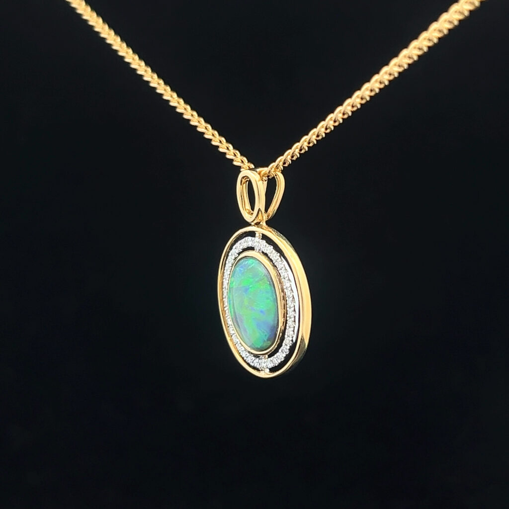 18K Yellow Gold Double Halo Solid Black Opal & Diamond Halo Pendant 21586