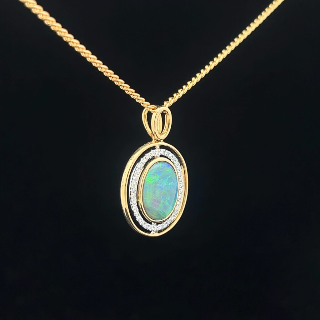 18K Yellow Gold Double Halo Solid Black Opal & Diamond Halo Pendant 21586