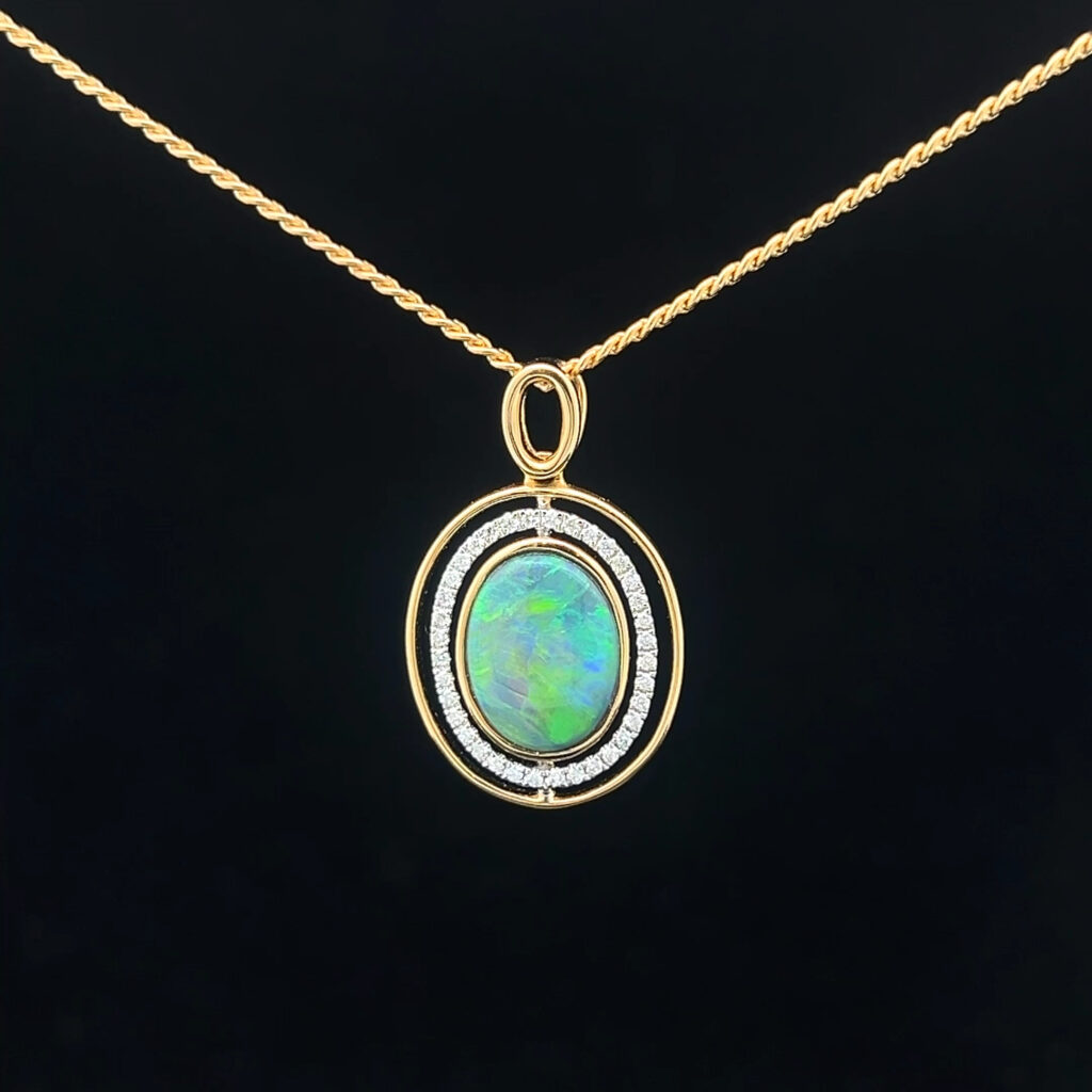 18K Yellow Gold Double Halo Solid Black Opal & Diamond Halo Pendant 21586