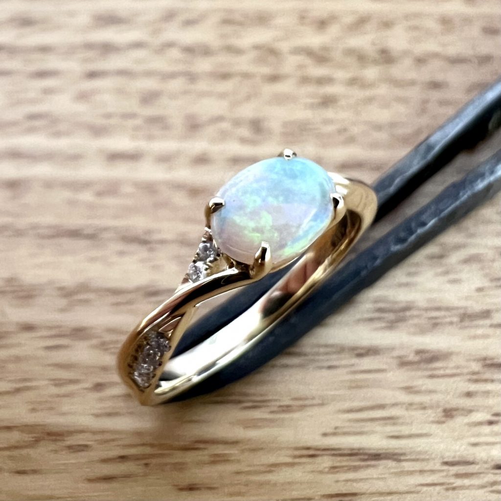 14K Yellow Gold Solid Crystal Opal & Diamond Ring 23763