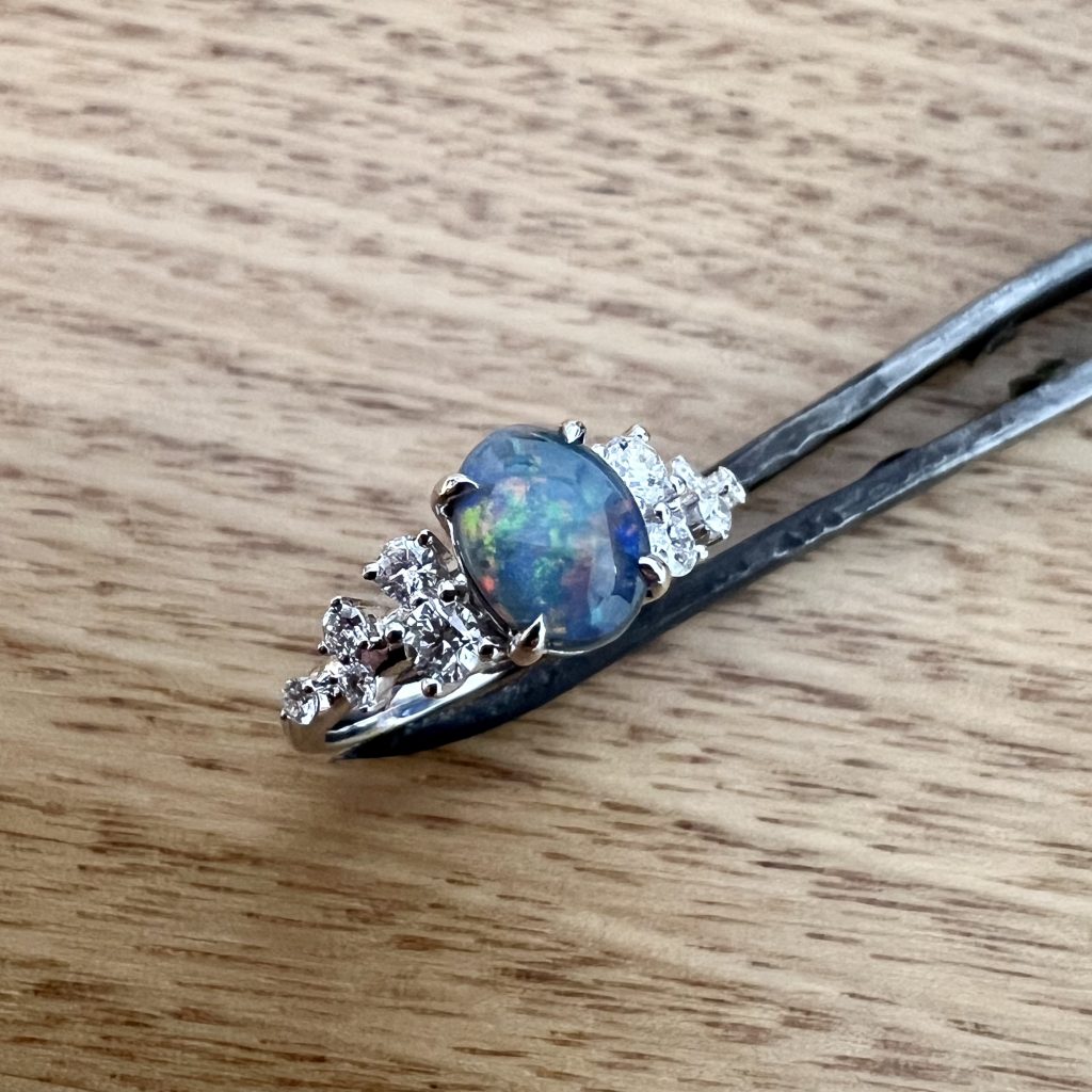 18K White Gold Solid Semi-Black Opal & Diamond Engagement Ring 826803