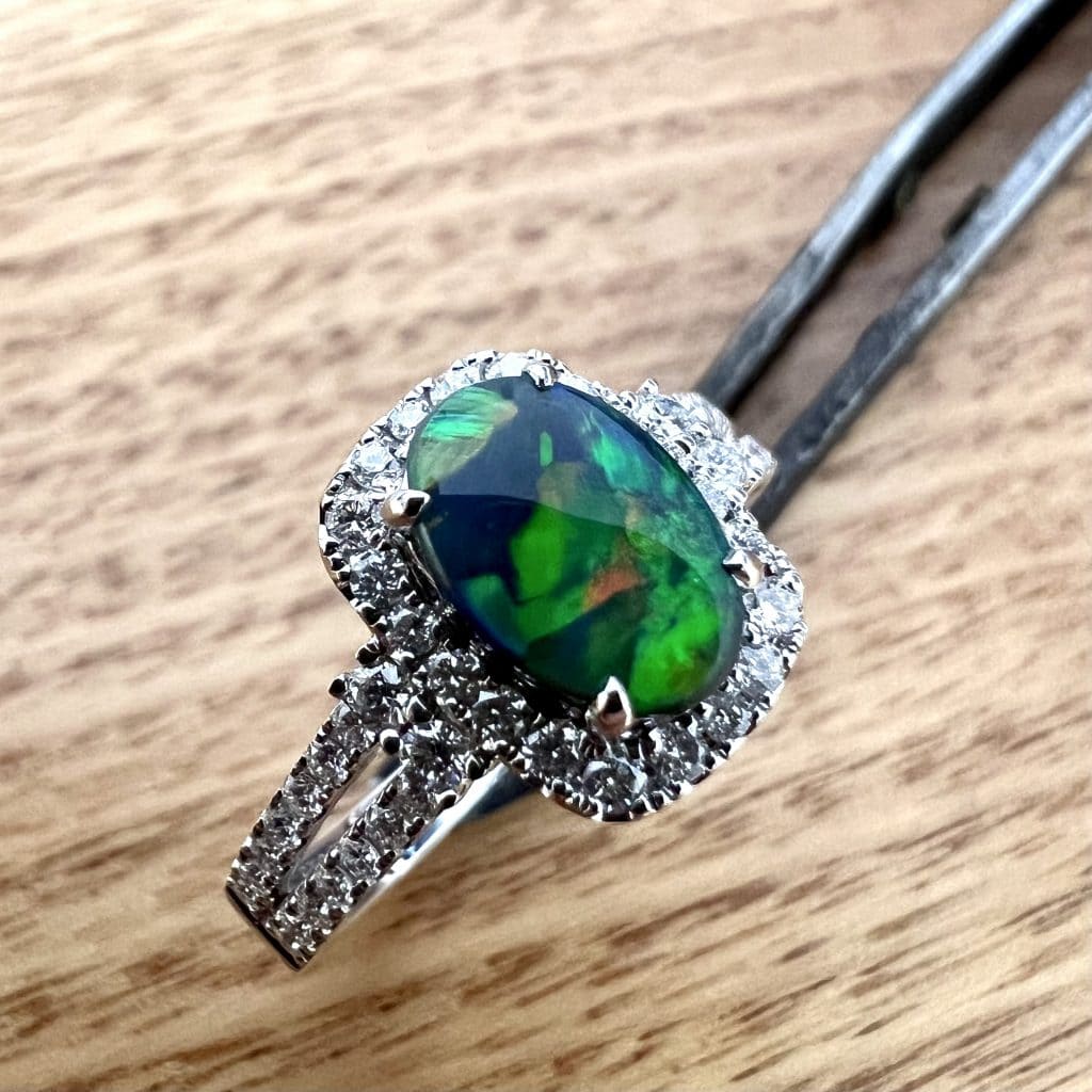 18K White Gold Solid Lightning Ridge Black Opal & Diamond Halo Ring 826776