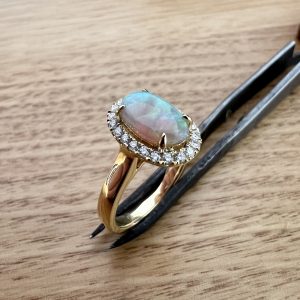 18K Yellow Gold Solid Crystal Opal & Diamond Halo Engagement Ring