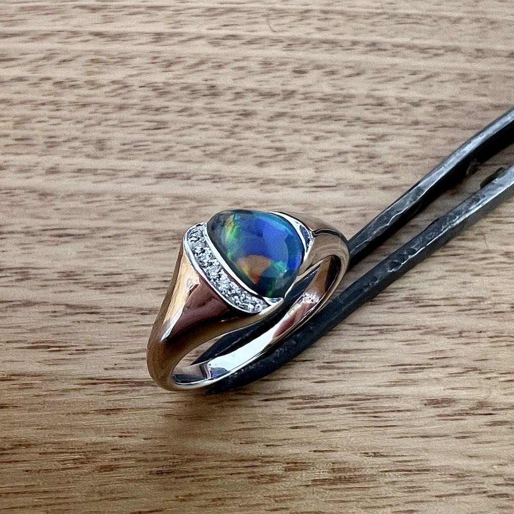 18K White Gold Solid Black Opal & Diamond Ring
