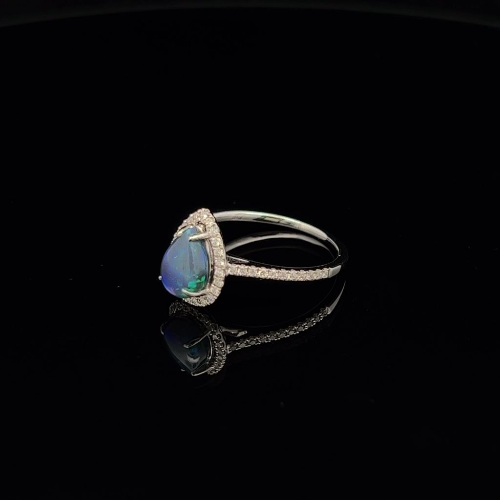 18K White Gold Solid Black Opal 7 Diamond Engagement Ring 24788