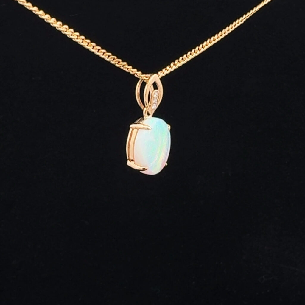 14K Yellow Gold Solid Crystal Opal & Diamond Pendant 26126