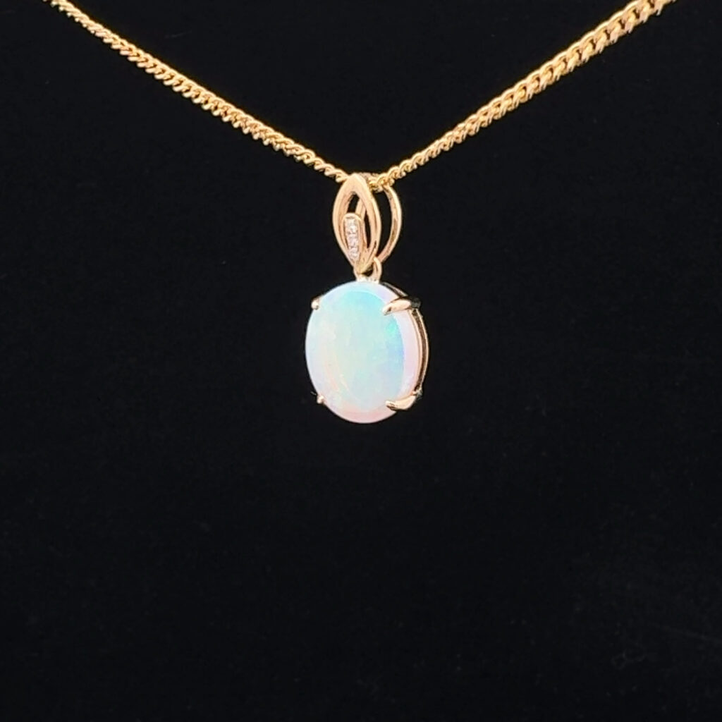 14K Yellow Gold Solid Crystal Opal & Diamond Pendant 26126