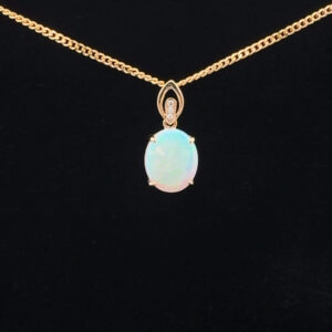 14K Yellow Gold Solid Crystal Opal & Diamond Pendant 26126