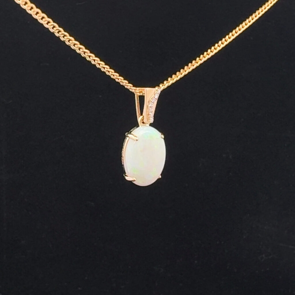 14K Yellow Gold Solid Crystal Opal & Diamond Pendant 26132