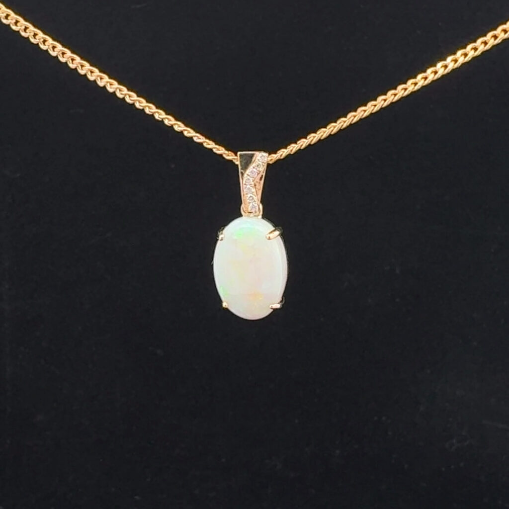 14K Yellow Gold Solid Crystal Opal & Diamond Pendant 26132