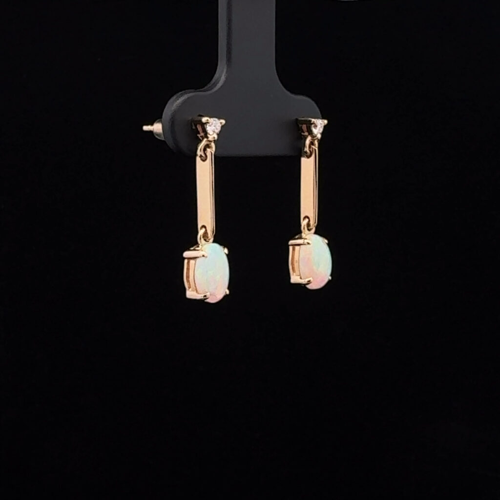 14K Yellow Gold Solid Crystal Opal & Diamond Drop-Earrings 26140