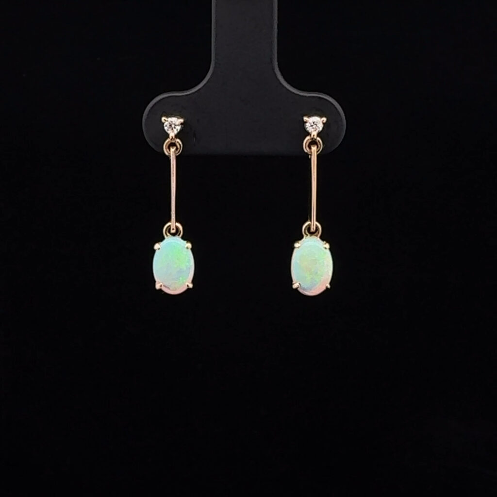 14K Yellow Gold Solid Crystal Opal & Diamond Drop-Earrings 26140