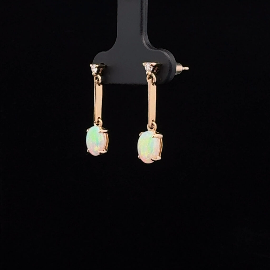 14K Yellow Gold Solid Crystal Opal & Diamond Drop-Earrings 26140