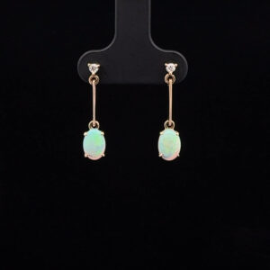 14K Yellow Gold Solid Crystal Opal & Diamond Drop-Earrings 26140