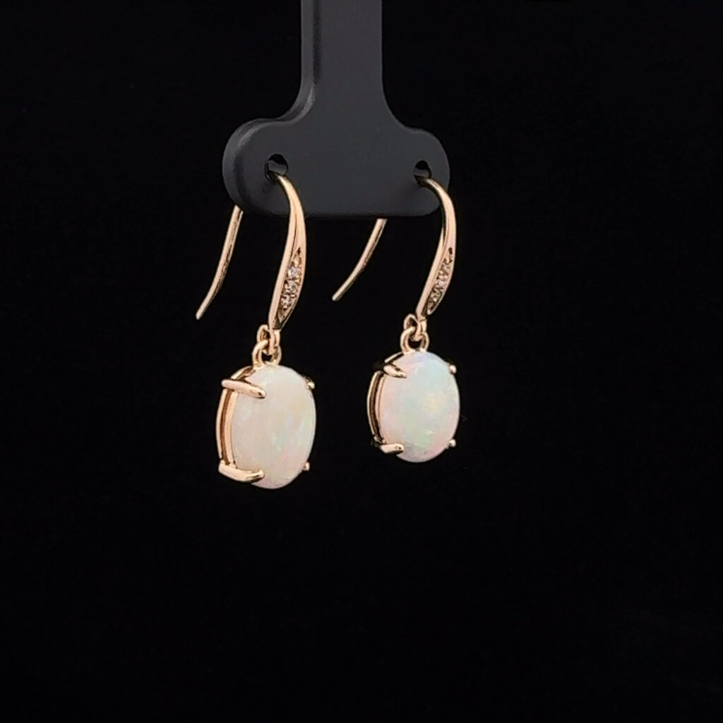 14K Yellow Gold Solid Crystal Opal & Diamond Drop-Earrings 26145