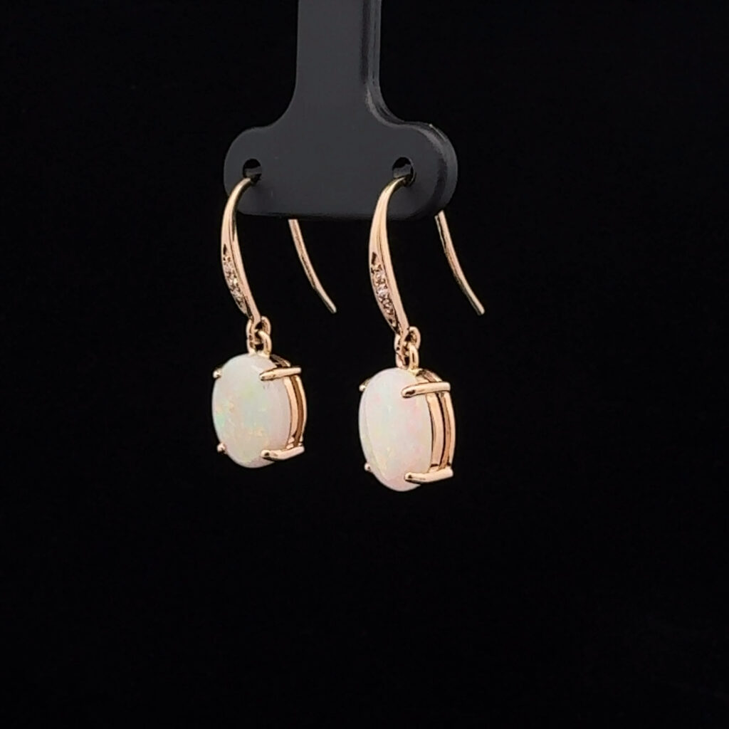 14K Yellow Gold Solid Crystal Opal & Diamond Drop-Earrings 26145