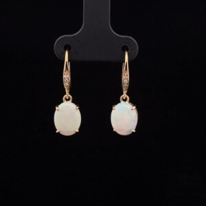 14K Yellow Gold Solid Crystal Opal & Diamond Drop-Earrings 26145