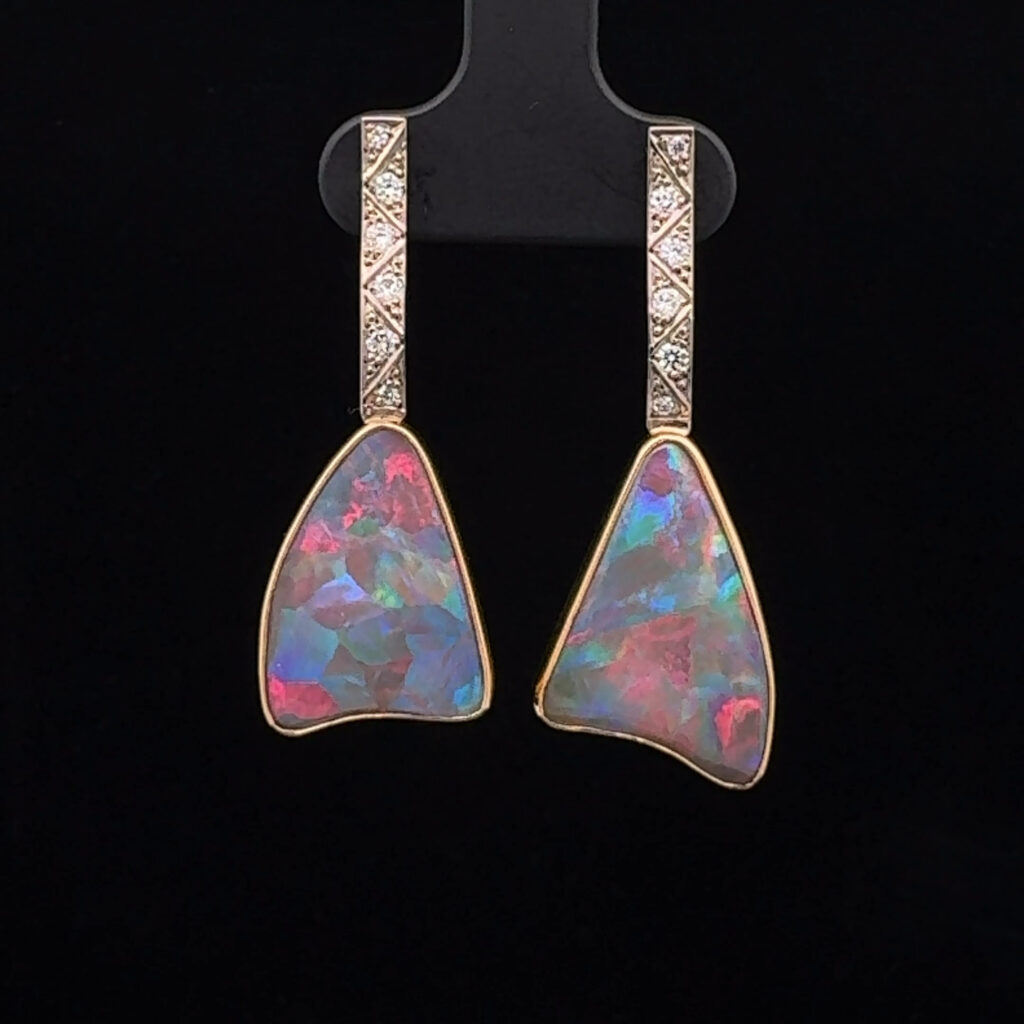 18K Yellow & White Gold Solid Crystal Opal & Diamond Drop-Earrings 26642