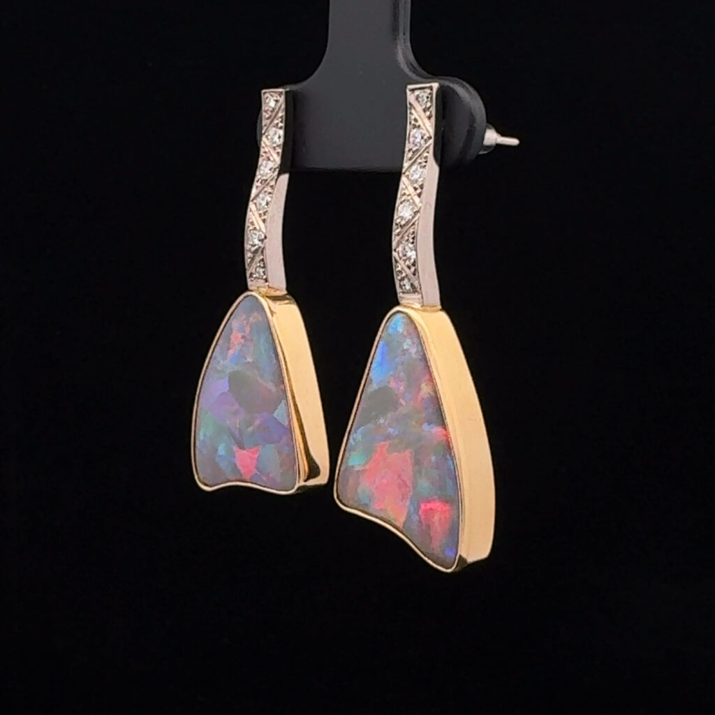 18K Yellow & White Gold Solid Crystal Opal & Diamond Drop-Earrings 26642