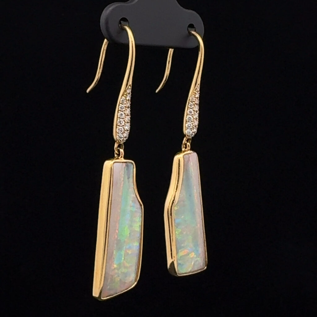 18K Yellow Gold Solid Crystal Opal & Diamond Drop-Earrings 26646