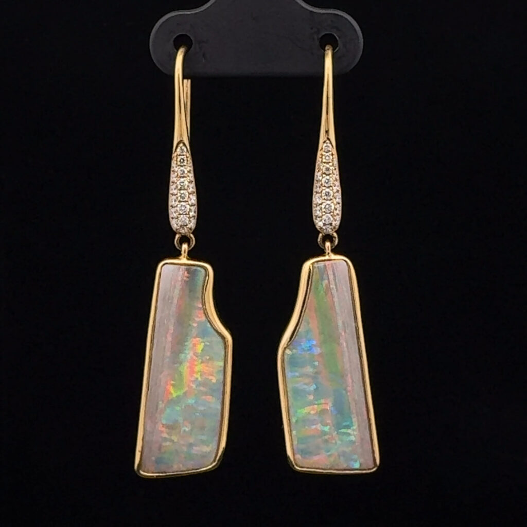 18K Yellow Gold Solid Crystal Opal & Diamond Drop-Earrings 26646