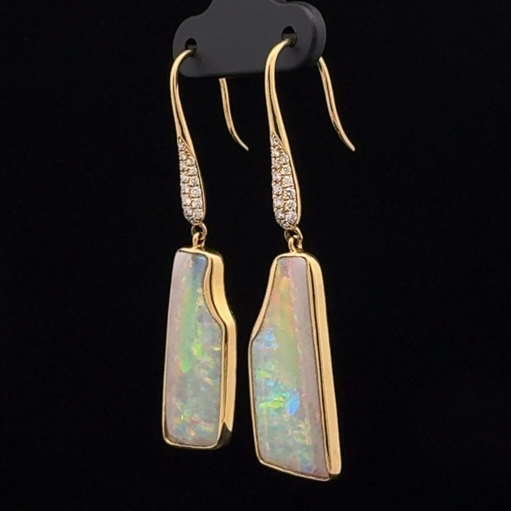 18K Yellow Gold Solid Crystal Opal & Diamond Drop-Earrings 26646