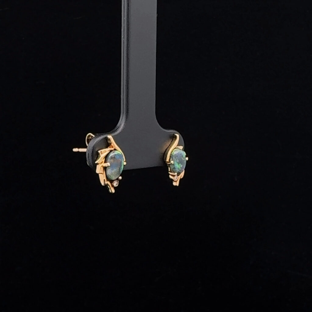 18K Yellow Gold Solid Black Opal & Diamond Stud Earrings 26699