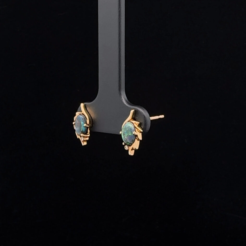 18K Yellow Gold Solid Black Opal & Diamond Stud Earrings 26699