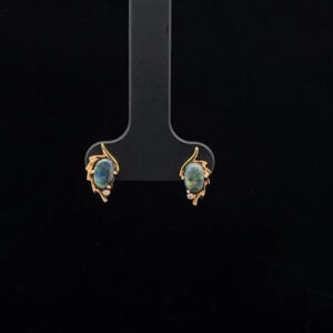 18K Yellow Gold Solid Black Opal & Diamond Stud Earrings 26699