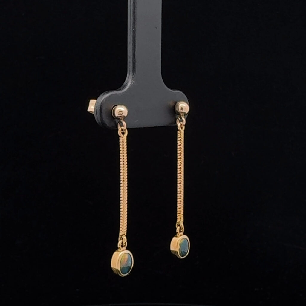 18K Yellow Gold Solid Black Opal Drop Earrings 26740