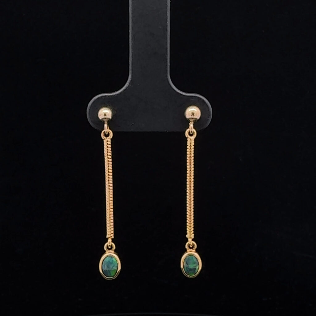 18K Yellow Gold Solid Black Opal Drop Earrings 26740