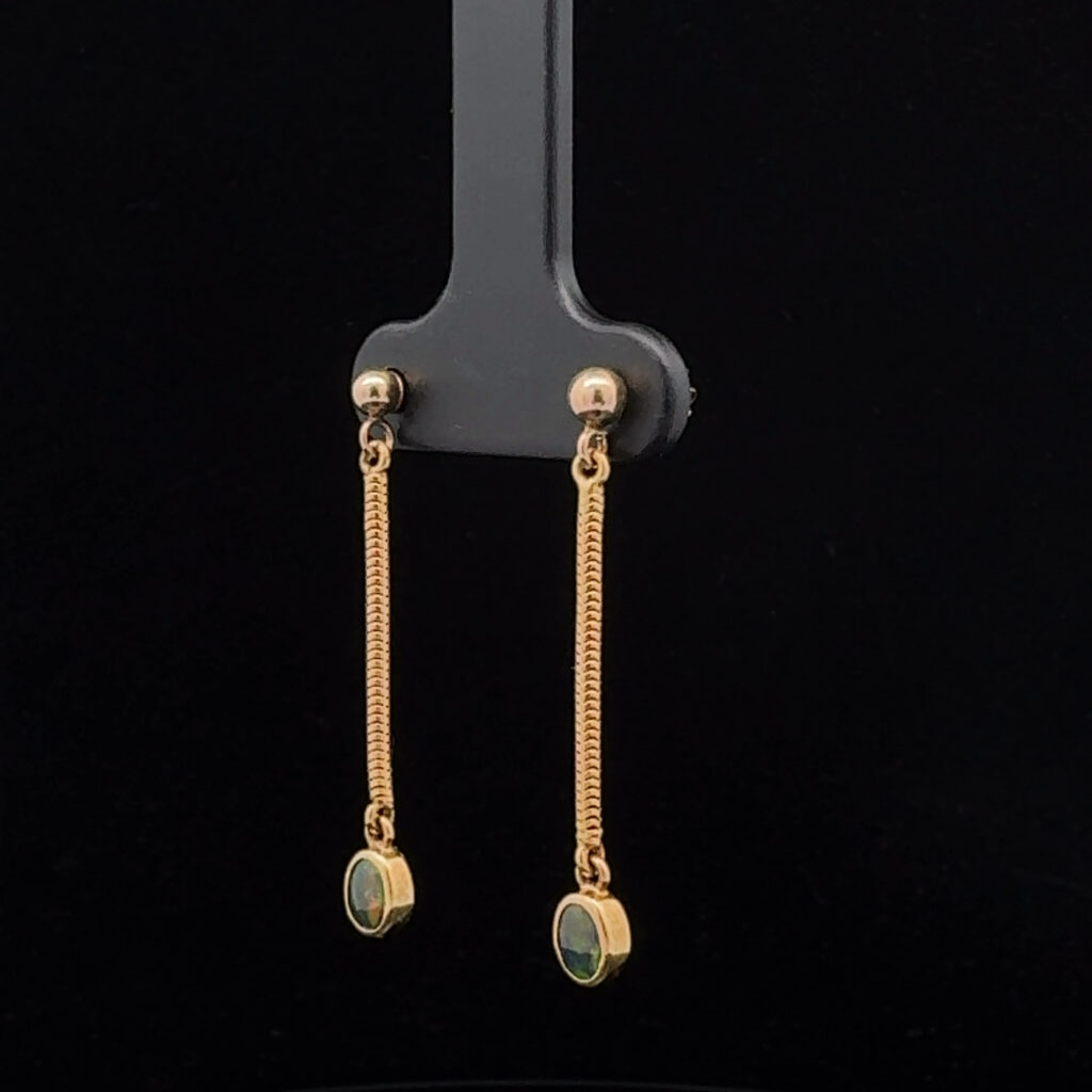 18K Yellow Gold Solid Black Opal Drop Earrings 26740